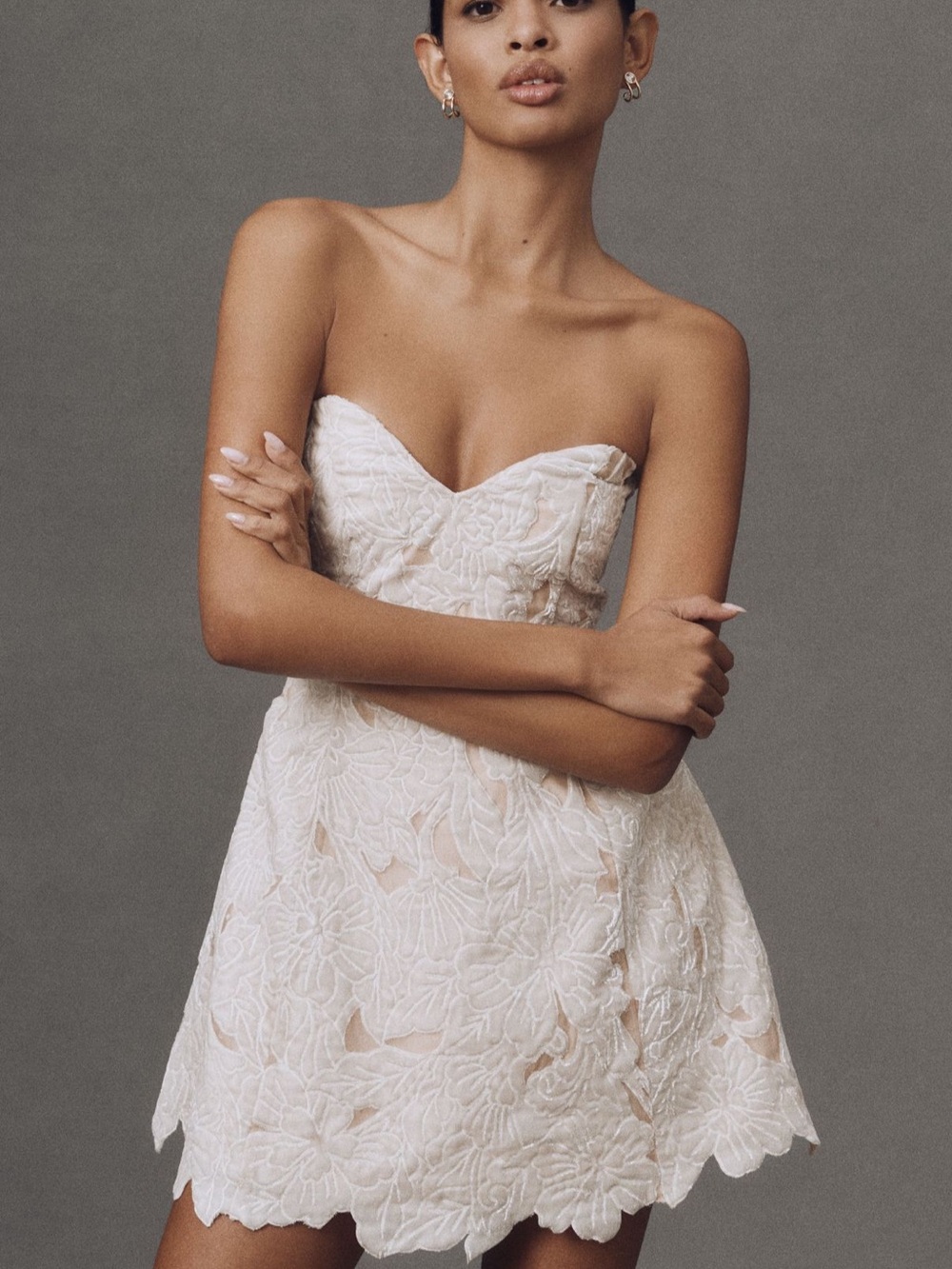 BHLDN Strapless Sweetheart Lace Mini Dress in Ivory